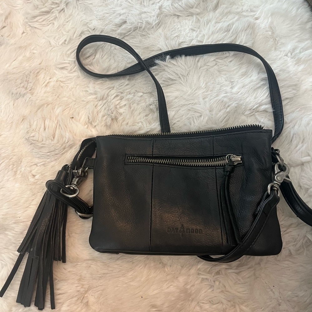Matte Black Leather Crossbody Bag with Tassel